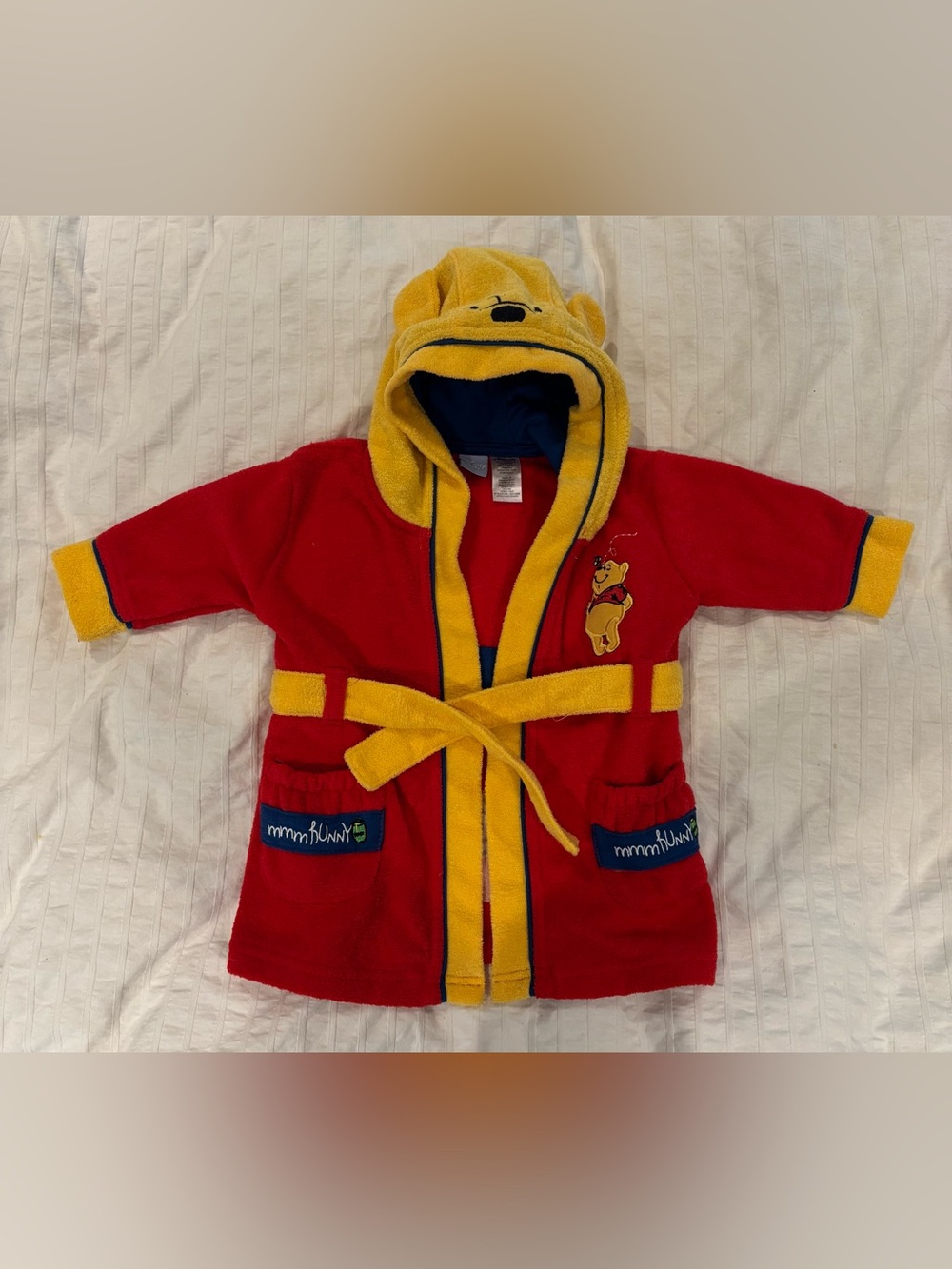 Disney Baby Winnie the Pooh Hooded Bath Robe 6 Months Red Plush Belted 3D Hood